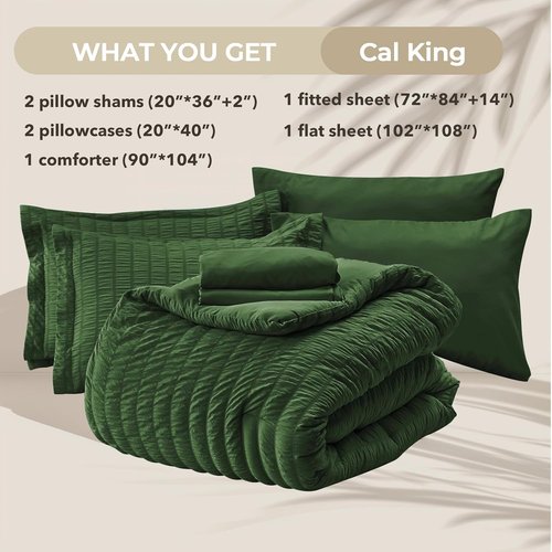 HYMOKEGE California King Comforter Set - Dark Green Seersucker 7-Piece Luxury Bedding Set