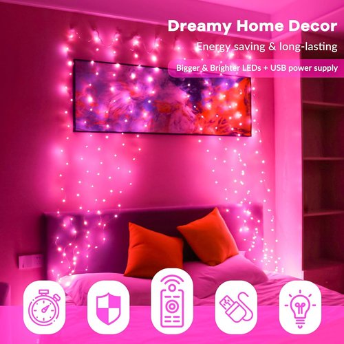 HXWEIYE 300LED Fairy Curtain Lights - 9.8x9.8Ft USB Plug-In with Remote | 8 Modes for Bedroom & Wedding Decor - Pink