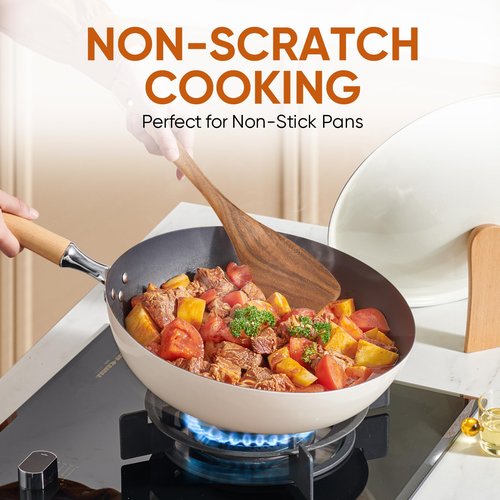 EZuncle 6 Piece Wooden Cooking Spoon Set - Ideal For Non-Stick Pans, Heat Resistant Solid Wood, Smooth Teak Cutlery For a Comfortable grip - Lightweight and Durable - Easy to Clean(6 PCS Large)
