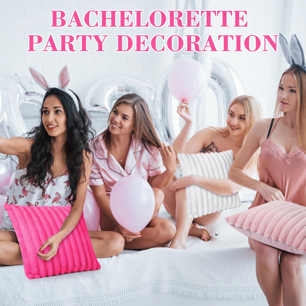 Peryiter Set of 6 Hot Pink Throw Pillow Cover White Pink Pillowcase Decorative Seat Cushion Case 18" x 18" Soft Velvet Fluffy Striped Pillowcase for Spa Sleepover Party Supply Coquette Outdoors Picnic