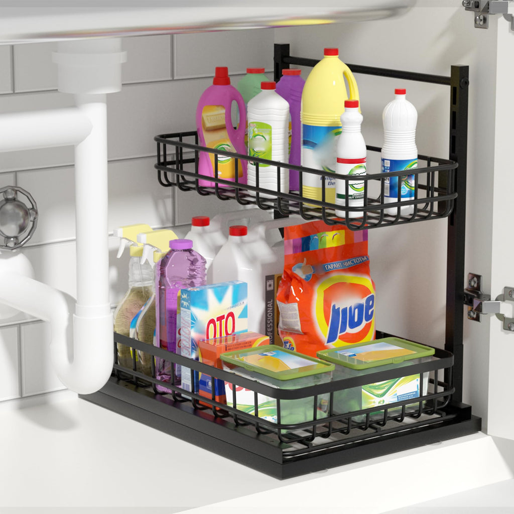 Uninol Under Sink Organizer, Adjustable Height Pull-Out Kitchen Storage Organization,15.8" x 11.8" x 16.5", 2-Tier Kitchen Shelf, Bathroom Drawer Organizer, 2 Pack|Black