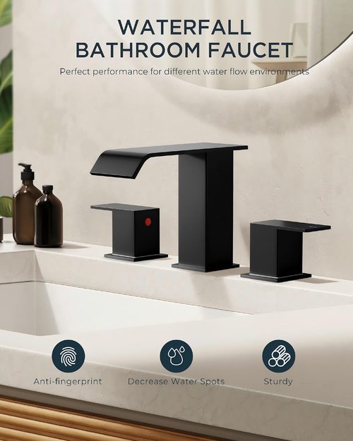 FORIOUS Bathroom Faucet - Matte Black 8-Inch Widespread Waterfall Spout with Pop-Up Drain | Ideal for Vanity & Commercial Use