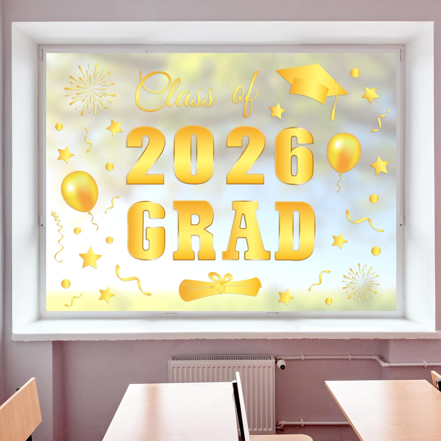 Whaline Graduation Window Clings - Class of 2026 Gold Foil Decor | Reusable Decals for Home & School