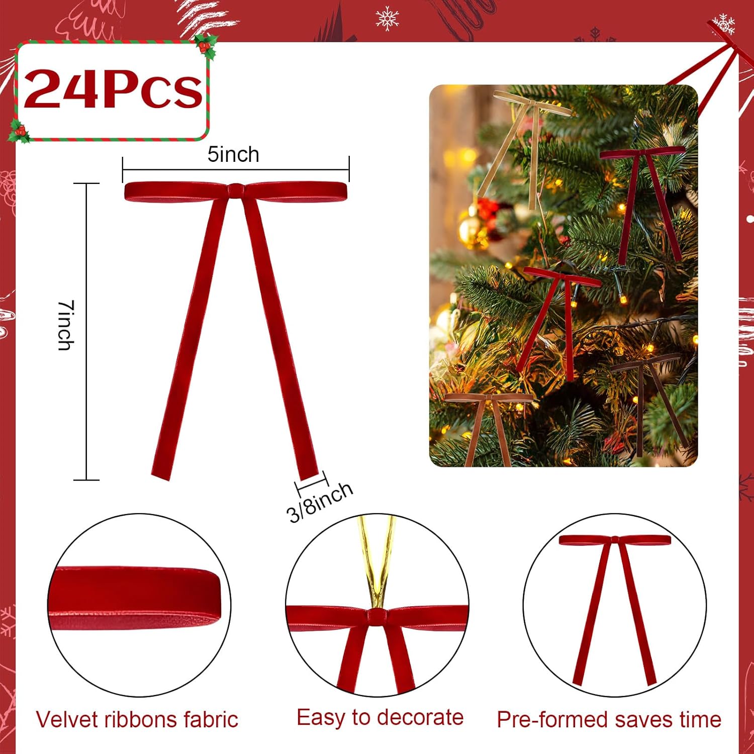 Regine Switzerland Burgundy Velvet Ribbon Bows - 24 PCS Tree Topper Ornaments | 5x7 Inch for Christmas Decor