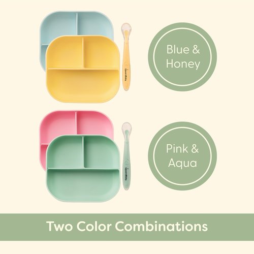 UpwardBaby Baby Plates and Spoon Set - Silicone Divider Suction Plates for Babies, Toddlers & Kids - Less Mess, Easy Portion Feeding Set - Non-Slip, Non-Toxic, BPA Free - Blue/Yellow