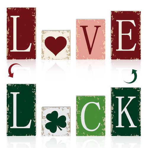 4PCS Valentine's Day Tiered Tray Decor Rustic Valentines and St. Patrick's Love Luck Wooden Blocks Signs for Home Mantel Office Shelf Decor (Colorful)