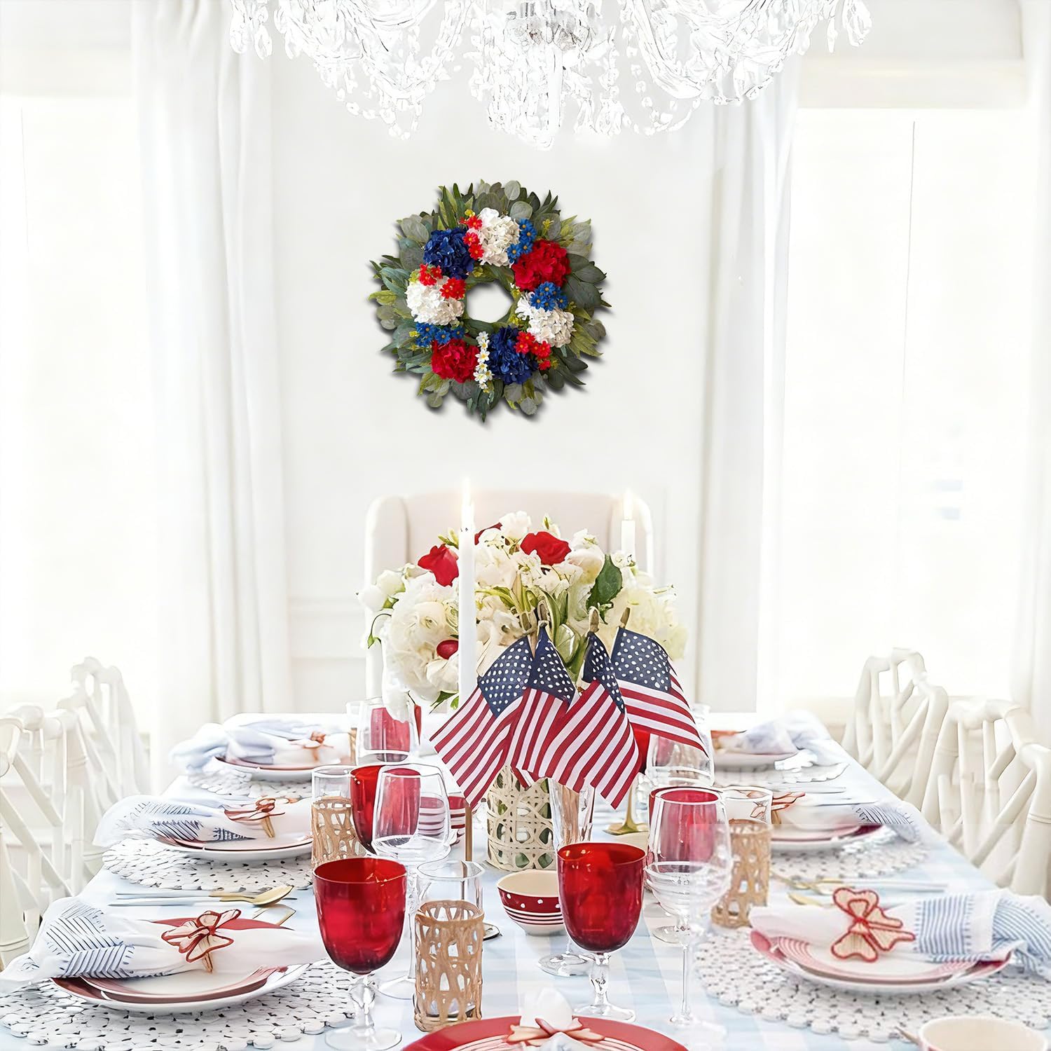 WANNA-CUL Patriotic 24-Inch Hydrangea Wreath - Red, White & Blue 4th of July Decor for Indoors & Outdoors