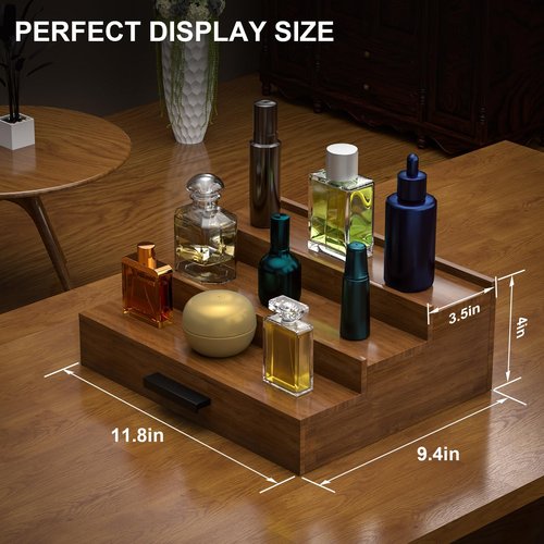 Sueuapp Walnut Wood Cologne Organizer for Men 3 Tier Cologne Stand,Wooden Cologne Holder Display Shelf with Hidden Compartment and Drawer,Perfume Organizer Great Gift for Men
