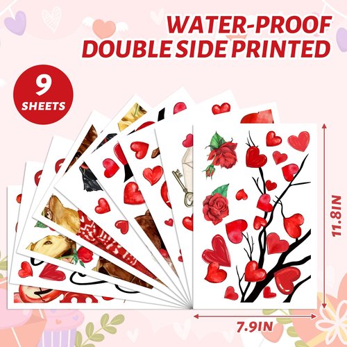 JarThenaAMCS Valentine's Day Window Clings Window Stickers Love Heart Dog Double-Sided Glass Decals for Wedding Anniversary Home Office Classroom Party Wall Decor, 9 Sheets