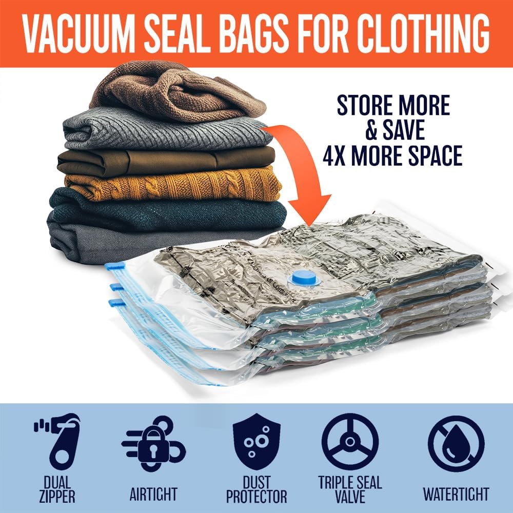 Skiennix Vacuum Seal Bags - Jumbo Space Saver Storage for Clothes & Blankets | Hand Pump Included