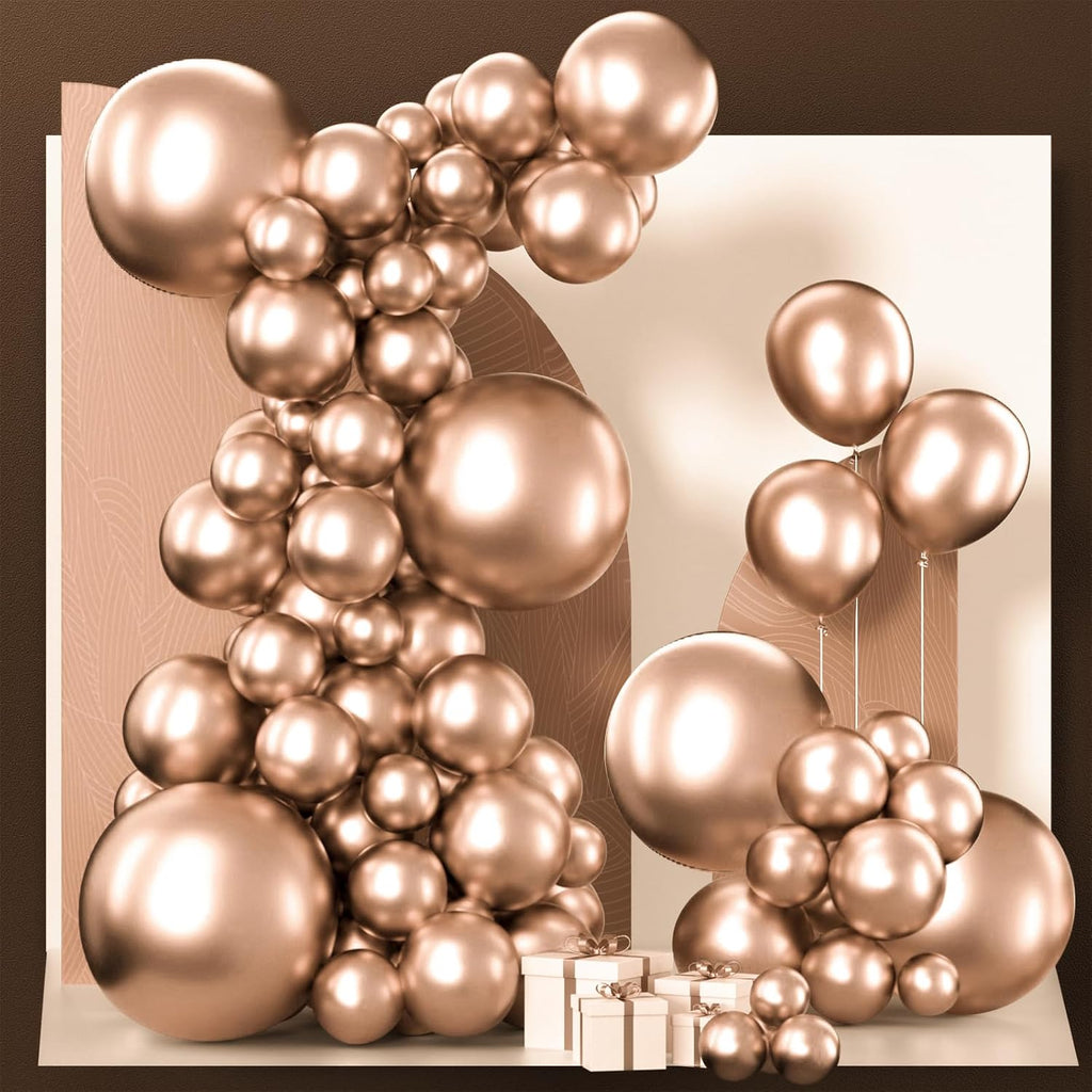 PartyWoo Metallic Rose Gold Balloons - 140pcs Chrome Champagne Gold Set | Various Sizes for Birthday & Anniversary Decor