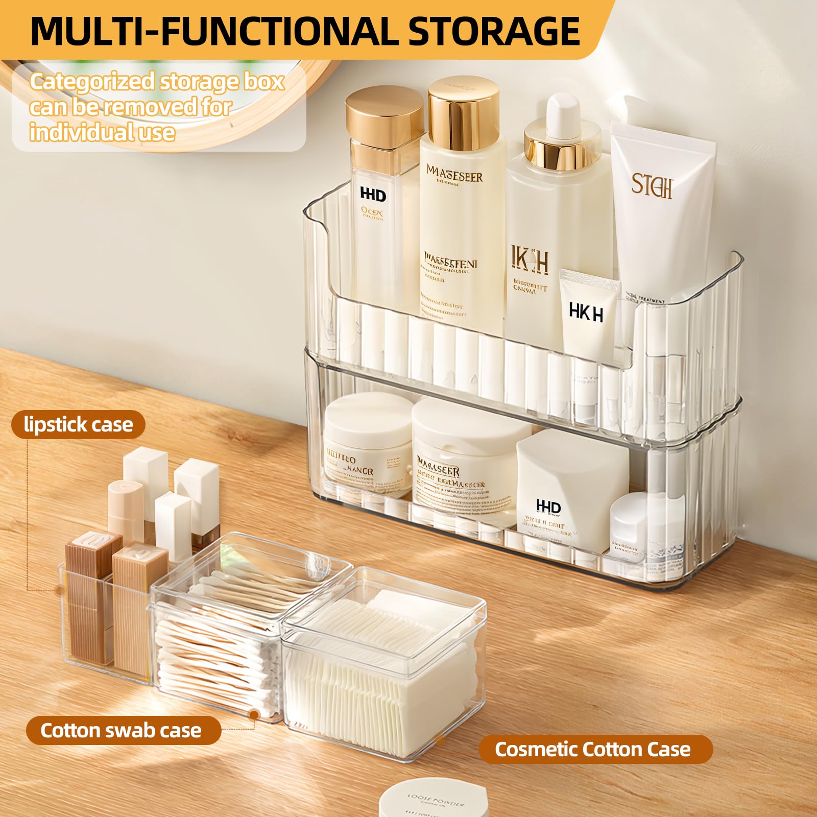 PAVSTINE 2-Tier Stackable Medicine Cabinet Organizer, Narrow Bathroom Makeup Organizer with Lipstick Holders & Cotton Swab Cases, Clear Countertop Shelf for Mirror Cabinet and Vanity