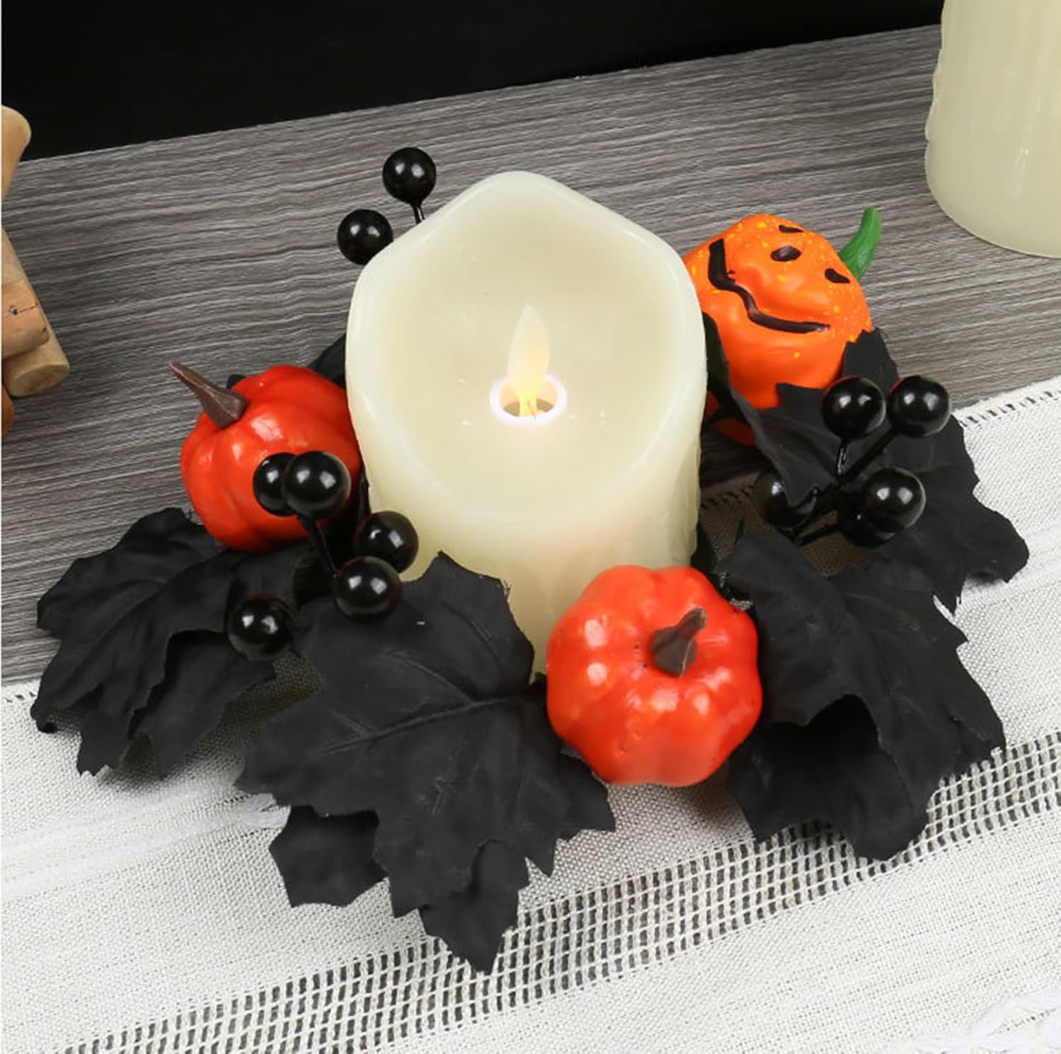 Skiennix Halloween Candle Rings - Black Artificial Maple Leaf & Pumpkin Holders | 2-Piece Set for Festive Decor