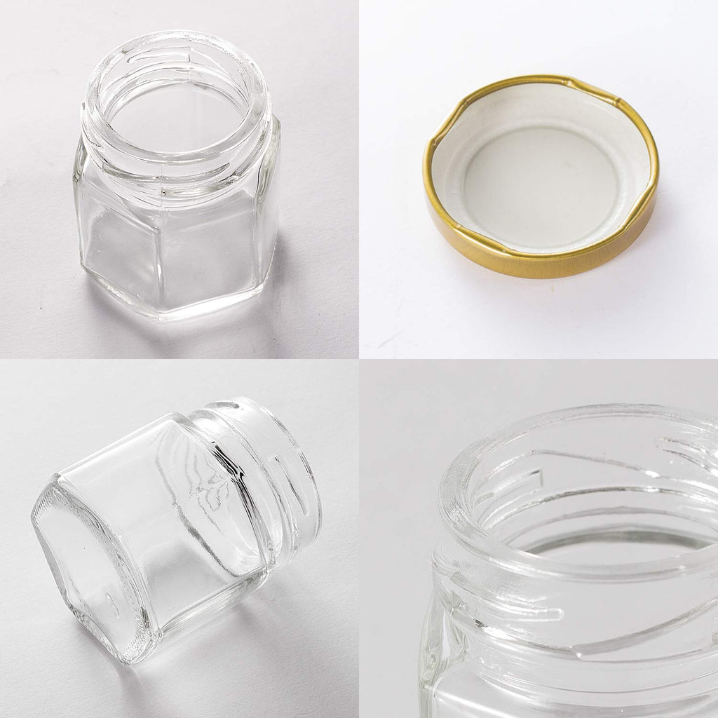 Encheng 1.5 oz Clear Hexagon Jars,Small Glass Honey Jars With Lids(golden),Mason Jars For Herbs,Foods,Jams, Liquid,Party Favor,Mini Spice Jars For Storage 30 Pack