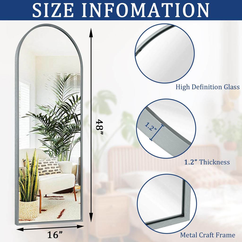 HLFMVWE Arch Full Length Wall Mirror, 48"x16" Arched Wall Mounted Mirror, Metal Aluminum Frame Modern Simple Home Decor, Leaning Against Wall Mirror for Bedroom Living Room Cloakroom Gray
