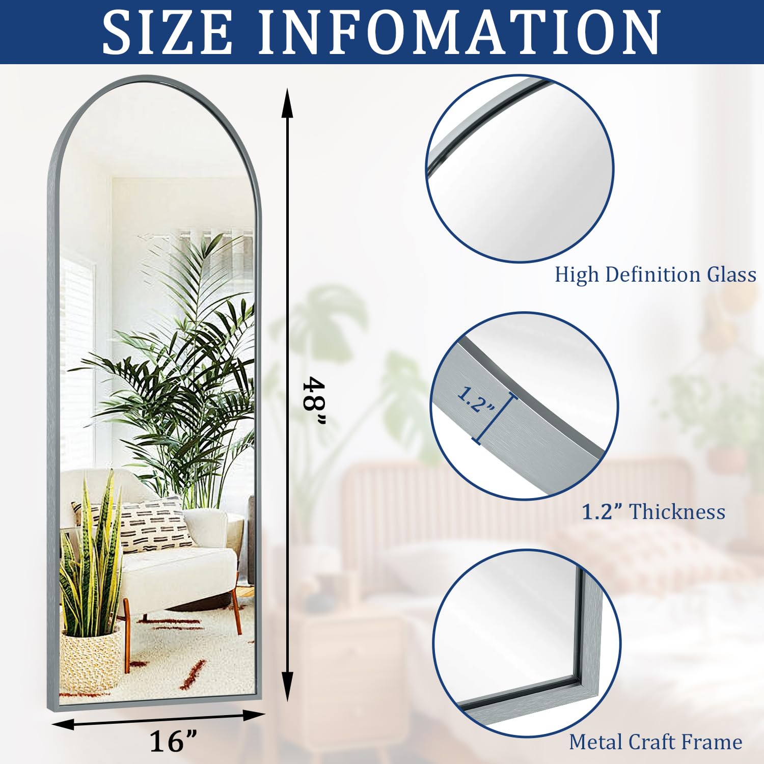 HLFMVWE Arch Full Length Wall Mirror, 48"x16" Arched Wall Mounted Mirror, Metal Aluminum Frame Modern Simple Home Decor, Leaning Against Wall Mirror for Bedroom Living Room Cloakroom Gray