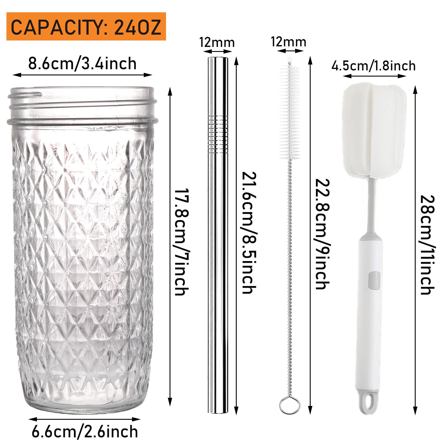 ASANMEYO 2 Pcs 24oz Glass Cups Set, Mason Jar Drinking Glasses with Lids and Straws & 2 Airtight Lids, Cute Reusable Smoothie cups, Iced Coffee Cups, Travel Tumbler for Bubble Tea, Juice, Gift