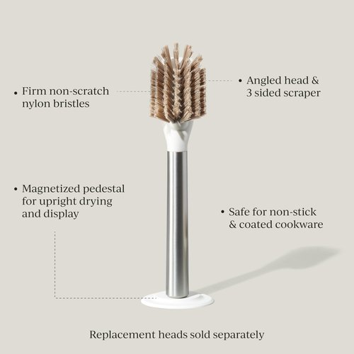Curio Home Goods Ionic Dish Brush, Magnetized to Stand Upright, Stainless Steel with Replaceable Head, Silver