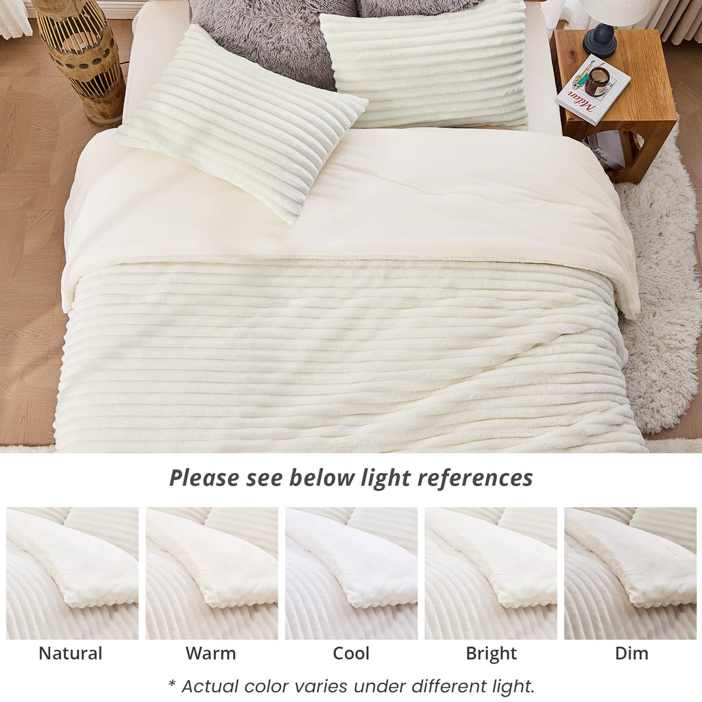 Sasttie Queen Comforter Set 3 Pieces - Super Soft Fleece Comforters Queen Size, 1 Luxury Warm Fuzzy Marshmallow Comforter with 2 Pillow Cases, Faux Fur Down Alternative Bedding Set, Cream White