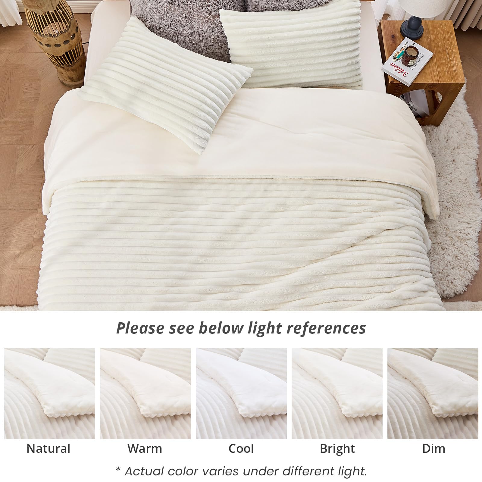 Sasttie Queen Comforter Set 3 Pieces - Super Soft Fleece Comforters Queen Size, 1 Luxury Warm Fuzzy Marshmallow Comforter with 2 Pillow Cases, Faux Fur Down Alternative Bedding Set, Cream White