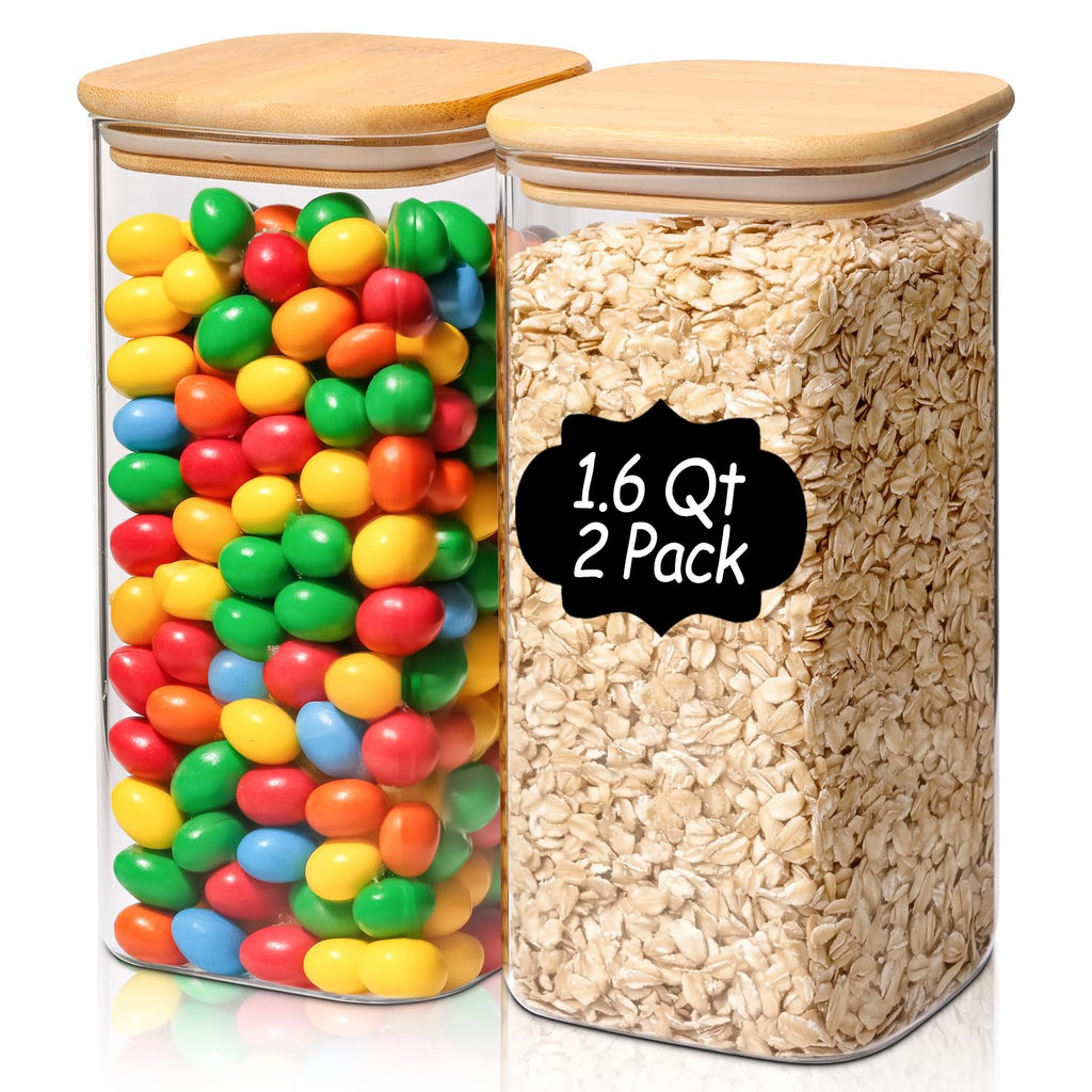 KTMAMA Airtight Glass Storage Canister with Lids, Kitchen Pantry Storage Jar with Labels, Food Storage Container for Sugar Tea Coffee Beans Snacks (2 pack 1.6qt)