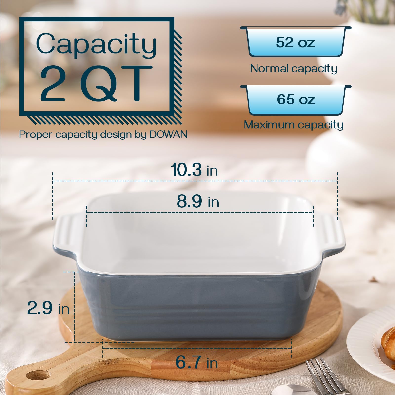 DOWAN 8x8 Baking dish, Square Baking Pan, Ceramic Casserole Dishes for Oven, Cake Pan with Handle, for Brownie, Lasagna, Casserole, 2 Quart, Home Gift, Airy Blue