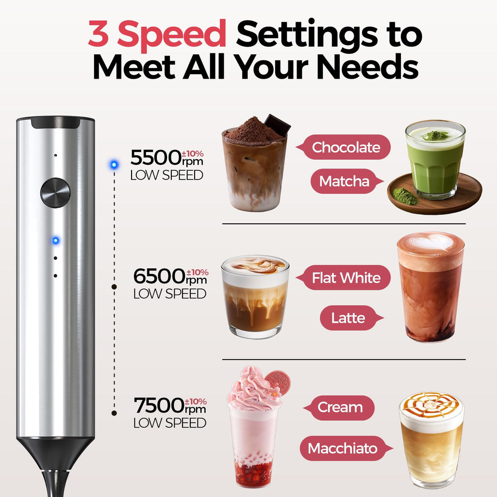YARRAMATE Rechargeable Milk Frother with Stand, Coffee Frother Stirrer Wand, Handheld Drink Mixer with Stainless Steel Whisk, Electric Whisk Foam Maker for Lattes, Cappuccino, Matcha, Protein Powder
