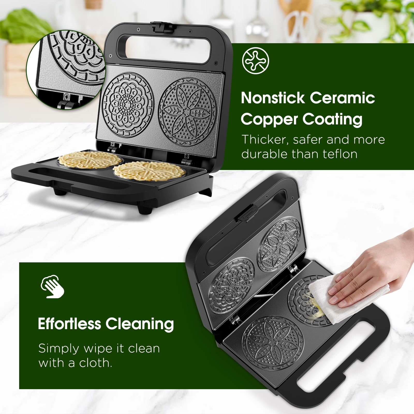 Pizzelle Maker Machine, Mini Non-stick Electric Pizzelle Cookie Baker for Holiday, Party, Treat (Ceramic Coating, 2 * 4") (ceramic coating)