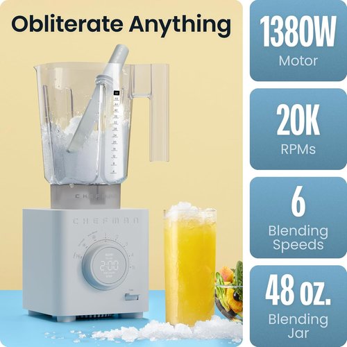Chefman Obliterator 48 oz Countertop Blender - 1380W Motor for Smoothies & Ice Crushing | Includes 20 oz Travel Jar