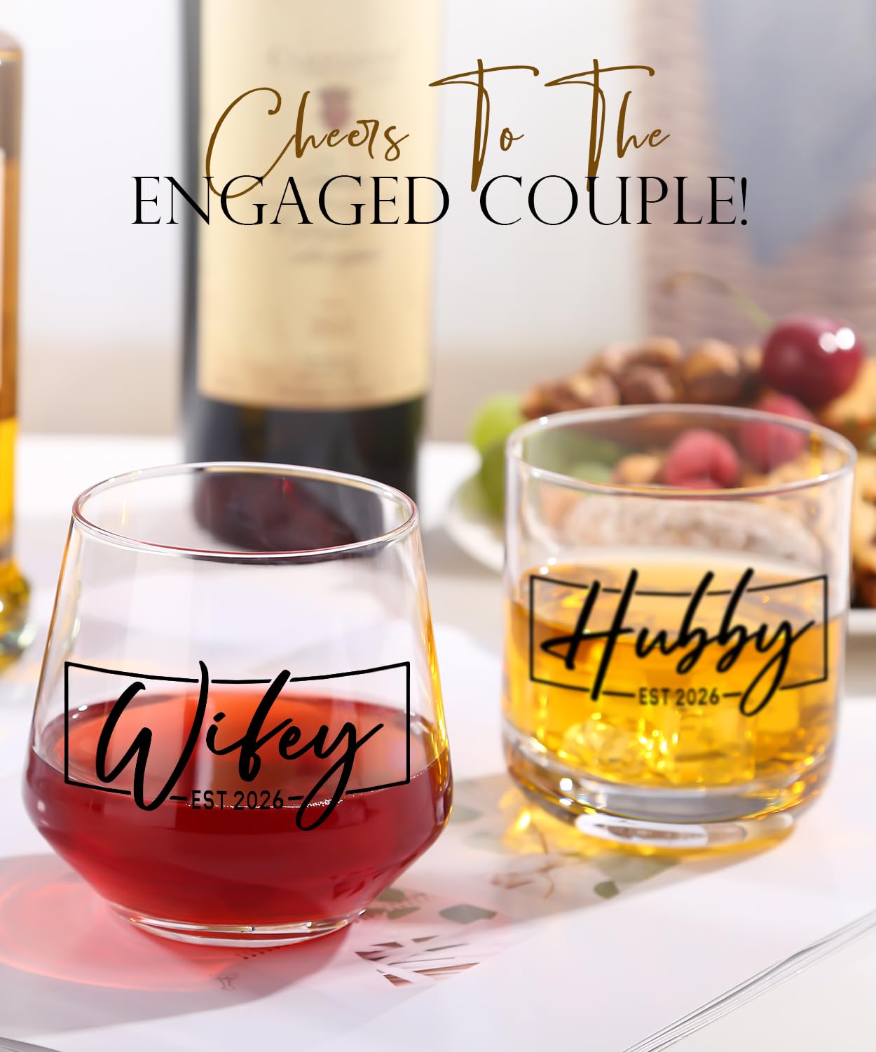 comfit Wedding Gifts for Couples 2026,Bridal Shower Gifts, His and Hers Gift,Whiskey Wine Glasses with Diamond Wine Stopper Set，Anniversary Christmas Gift for Couples，Hubby and Wifey