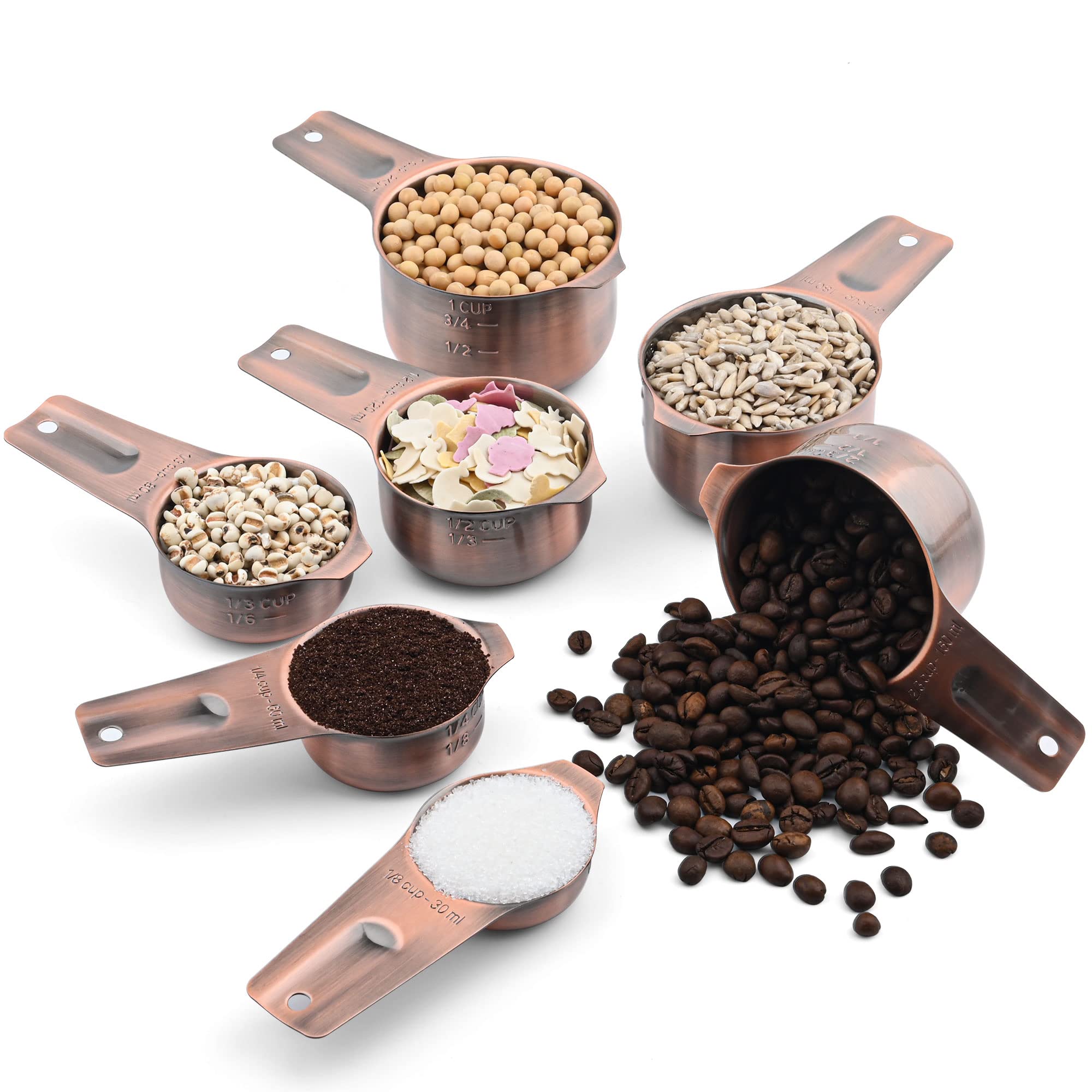 Smithcraft Copper Measuring Cups Set 7, Metric & US Stainless Steel Measuring Cups for Kitchen & Baking, Metal Measure Cups for Dry & Liquid, Nesting Measuring Cup Set with 1/8 2/3 & 3/4 Cups