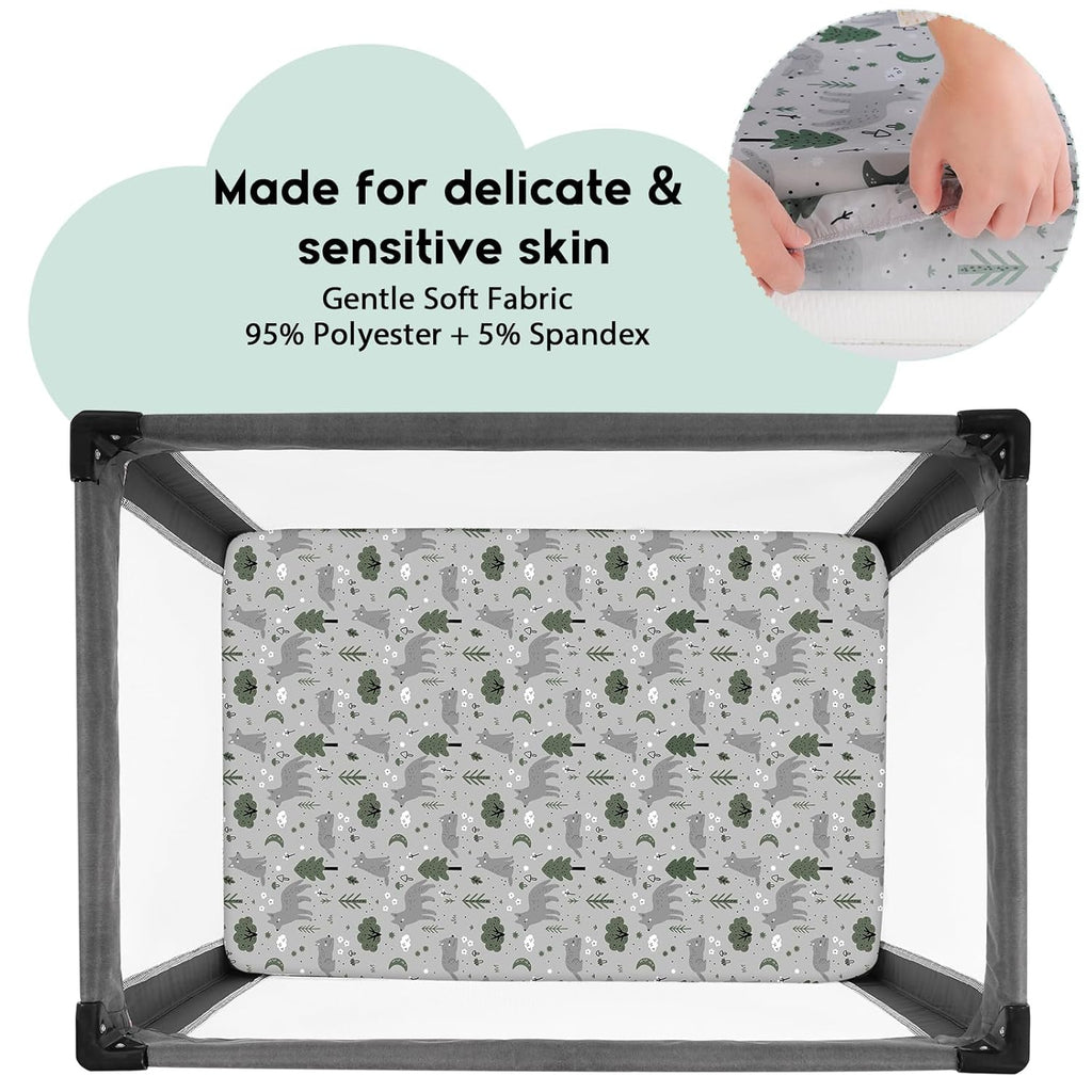 Yoofoss Fitted Pack and Play Sheets - Soft, Breathable Mini Crib Sheets 2-Pack in Gray-Green & Fox Design