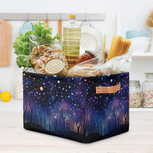 HSYOYO Galaxy Night Forest Storage Basket with Handles Collapsible Storage Bins Rectangular Toy Storage Organizer Box Fabric Shelf Baskets for Nursery Bedroom Bathroom 1PC