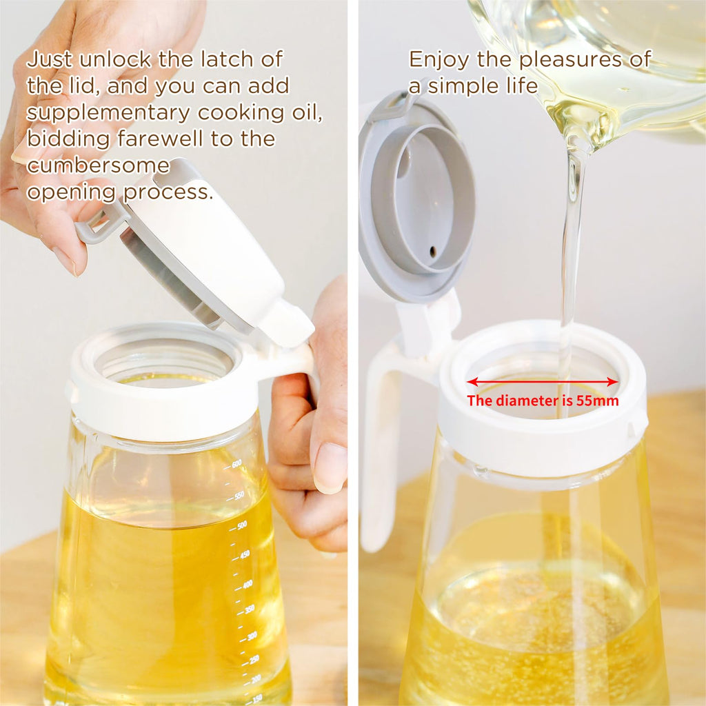 Meterga Auto Flip Glass Olive Oil Dispenser, Clear Glass Bottle with Scale, Dispenser for Kitchen, Olive Oil Cruet | 29oz