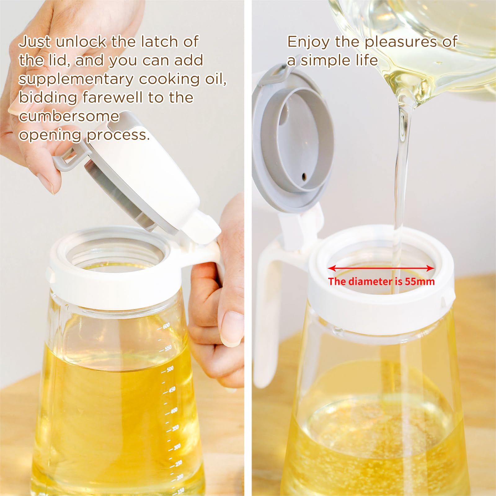Meterga Auto Flip Glass Olive Oil Dispenser, Clear Glass Bottle with Scale, Dispenser for Kitchen, Olive Oil Cruet | 29oz