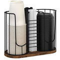 BCOZLUX Coffee Cup Holder 18oz 3-Compartment Paper Cup Dispenser Rack with Wood Base - Disposable Cup, Straw & Lid Organizer 3-in-1 Storage for Countertop, Coffee Bar, Kitchen, Office