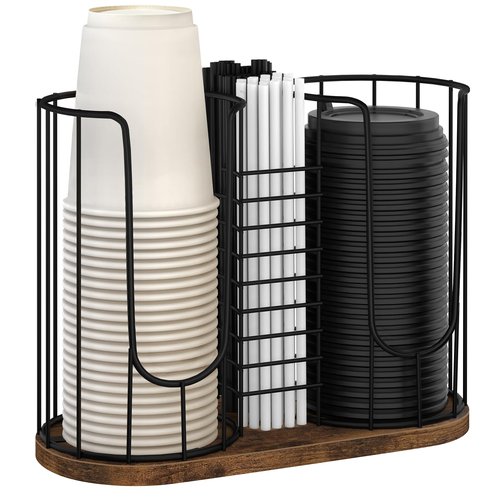 BCOZLUX Coffee Cup Holder 18oz 3-Compartment Paper Cup Dispenser Rack with Wood Base - Disposable Cup, Straw & Lid Organizer 3-in-1 Storage for Countertop, Coffee Bar, Kitchen, Office