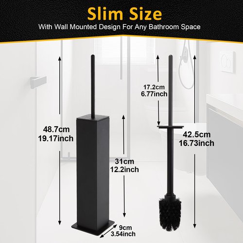 Toilet Brush and Holder Floor Standing, Black with 2 Replaceable Heads, Bathroom Toilet Brush, Freestanding Toilet Bowl Brush with Removable Liner and Splash Guard, Modern Square Design