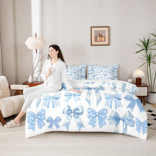 Erosebridal 7 Piece Blue Bowknot Comforter Set with Sheets for Kids Teens Women Cute Ribbon Bow Bed in A Bag Twin,Preppy Trendy Kawaii Coquette Bedding Set Butterfly Knot Bow Tie Bed Set