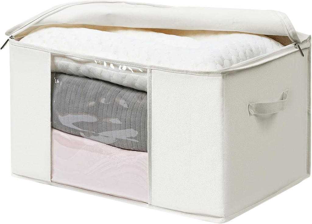 TYEERS Large Storage Bags - Zippered Cotton Blended Fabric Containers for Seasonal Clothes | 23.6x15.7x13.8 Inches, 2-Pack, Beige