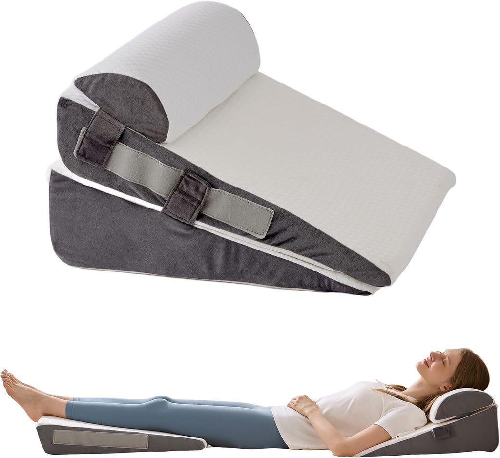 Skiennix Wedge Pillow Set - Adjustable Memory Foam for Acid Reflux Relief | 3-Piece White & Grey