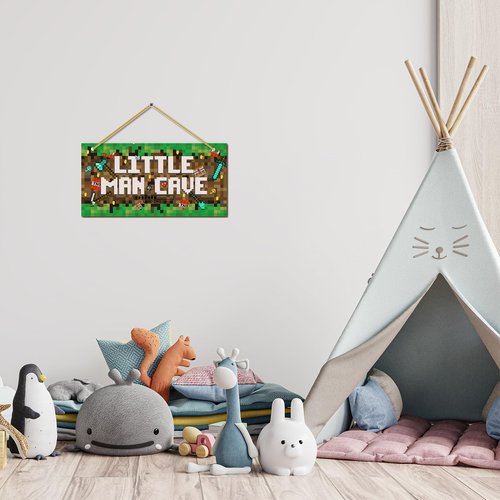 Little Man Cave, Boys Pixel Gaming Room Decor Wooden Door Sign for Gamer Room, Baby Boys Bedroom Wall Decorations for Nursery Toddler Nursery Playroom Wall Art
