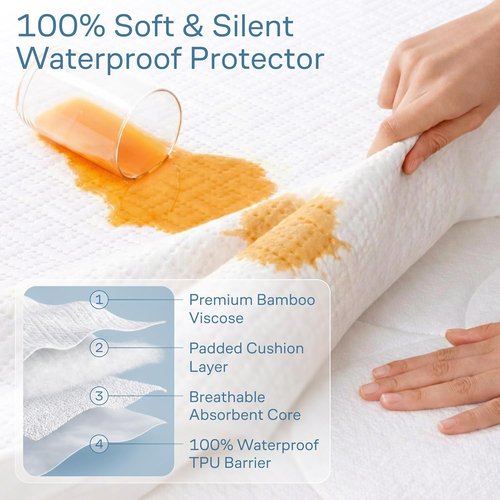 100% Waterproof Queen Mattress Protector | Noiseless & Cooling Bamboo Viscose - 360° Spill & Stain Defense (White)