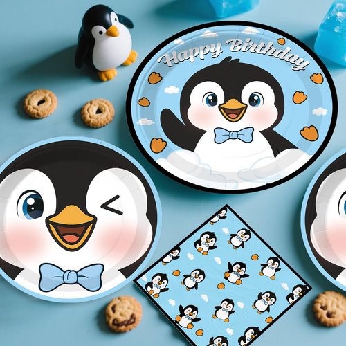 Xynic 179pcs Penguin Birthday Decorations Tableware Complete Party Set, Penguin Party Decorations Serves 25 Guests, includes Penguin-Theme Paper Banner Cake Topper Balloons Plates Napkins Cups, etc