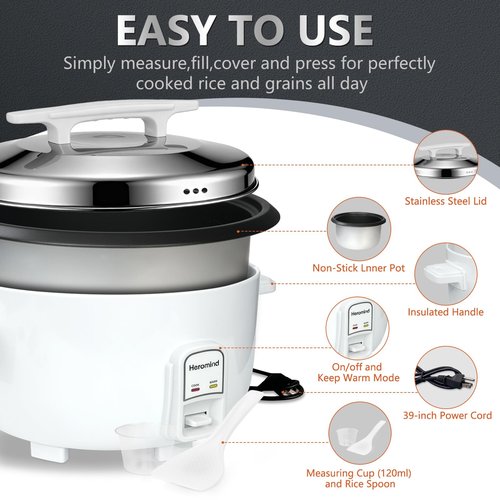 Heromind Commercial Rice Cooker, 46-Cup Rice Cooker, 9Qt / 10 L Large Rice Cooker with Nonstick Inner Pot, Fast Cooking and Auto Keep Warm, with Rice Cup and Paddle, Easy to Clean, 1600W