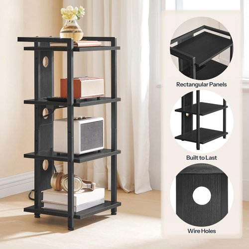 HOOBRO 4-Tier AV Media Stand with Charging Station and LED Light, Wooden Stereo Stand, Rack Audio Tower, Corner TV Stand, Entertainment Device, Black BB38UDCJ01
