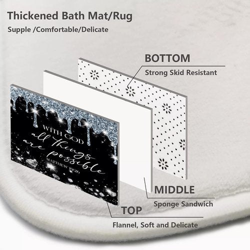 4 Pcs Black Silver Diamonds Shower Curtain Set with Rugs and Toilet Lid Cover, Black White Bible Verse Waterproof Fabric Bathroom Set, Christian Scripture Shower Curtain Bathroom Decor Set Accessories