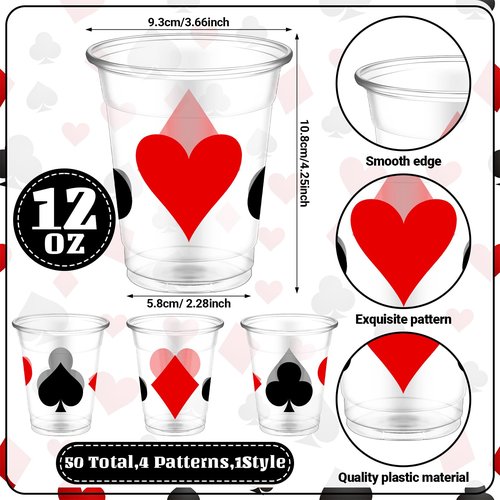 Yaomiao 50 Pcs Casino Theme Cups 12 oz Poker Cups Casino Party Decorations Plastic Las Vegas Disposable Shot Cup Plastic Game Night Decorations for Hot Cold Drink Las Vegas Poker Game Party Supplies