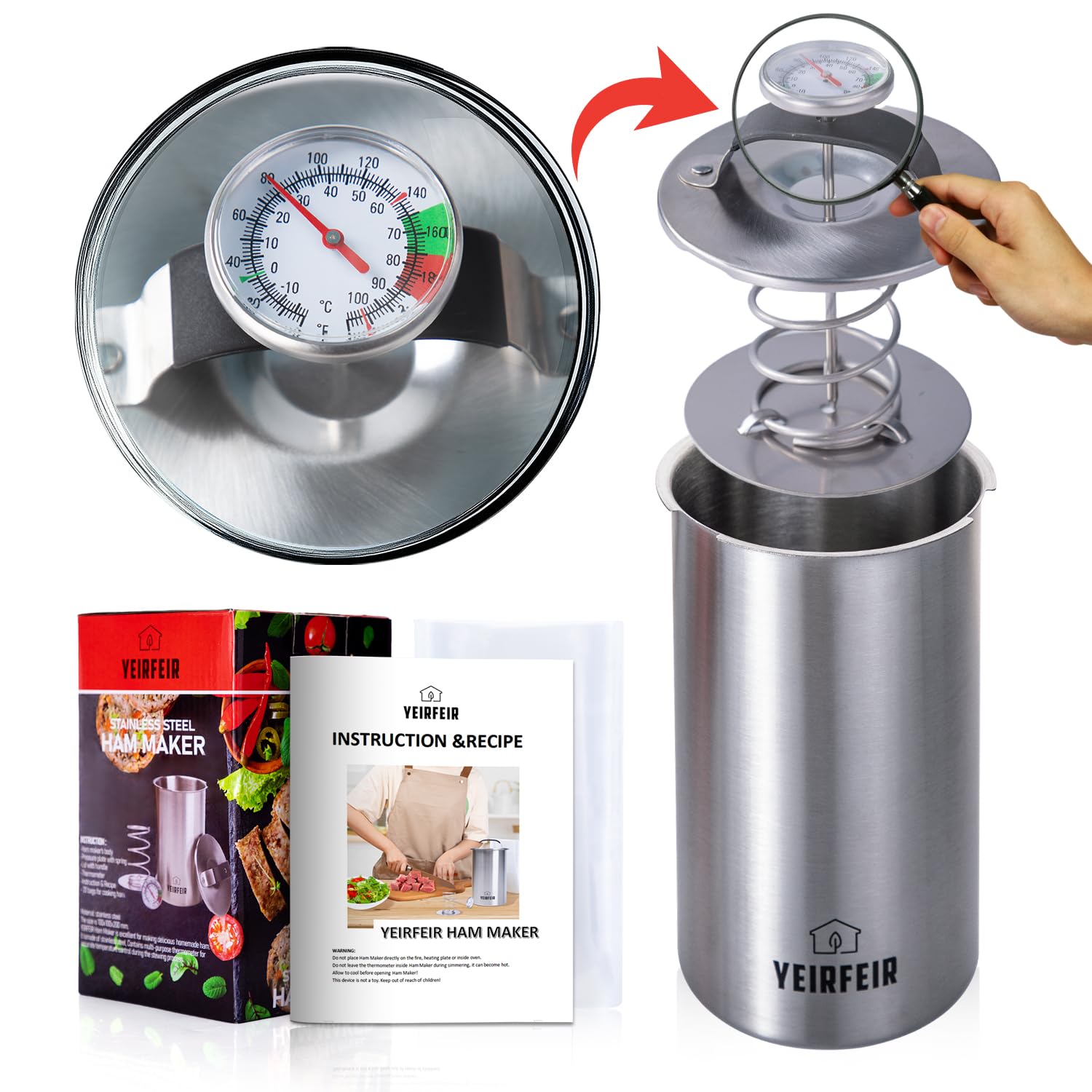 Ham Press with Large Dial Thermometer, 304 Stainless Steel Deli Meat Maker with Cool-Touch Handle for Homemade Healthy Lunch Meat, Includes 20 Cooking Bags & Recipes - YEIRFEIR