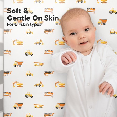 KeaBabies 2-Pack Organic Crib Sheets for Boys, Girls - 52x28 Fitted Crib Mattress Sheet Neutral, Breathable Jersey Cotton Cover for Baby Bed, Toddler Mattress, Soft & Cute Prints (Construction)